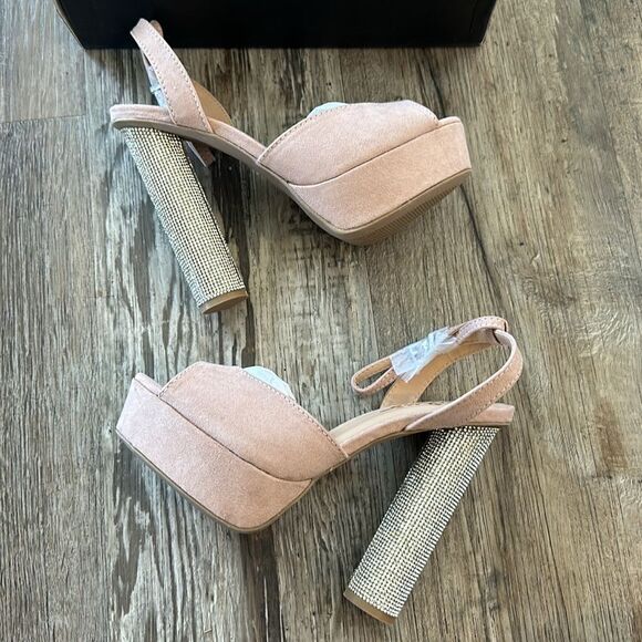 Lulus Kamila Light Nude Suede Platform Rhinestone Ankle Strap Heels Women's SZ 7 - Picture 2 of 6